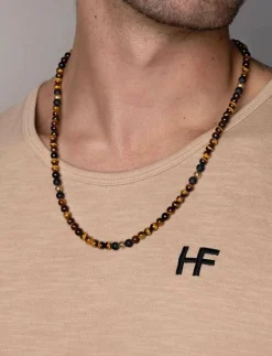 Beaded Necklace with Brown Tiger Eye and Gold - Halsband