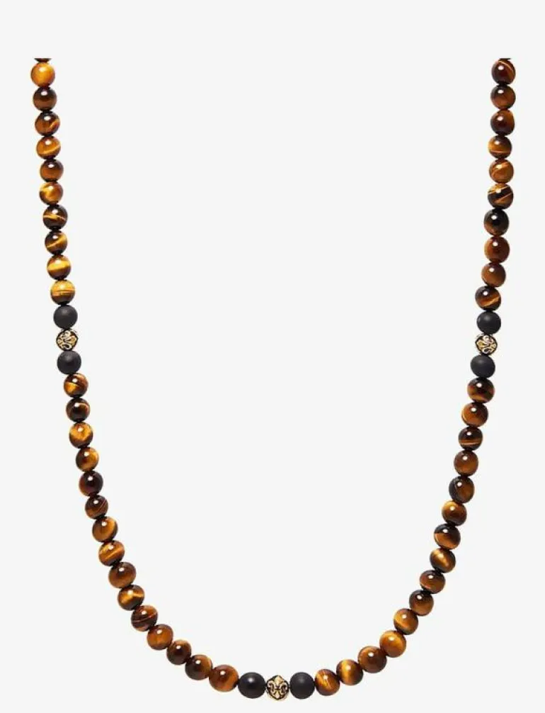 Beaded Necklace with Brown Tiger Eye and Gold - Halsband