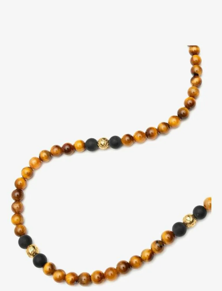 Beaded Necklace with Brown Tiger Eye and Gold - Halsband