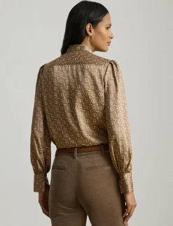 Geo-Print Twill Tie-Neck Blouse - Långärmade blusar