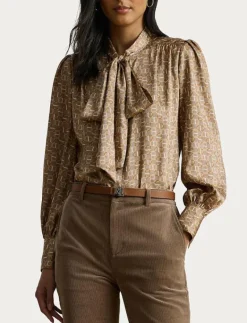 Geo-Print Twill Tie-Neck Blouse - Långärmade blusar