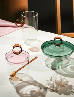 Loop sockerburk med lock och sked 14 cm, klar/rosa/bärnsten - Förvaringsburkar