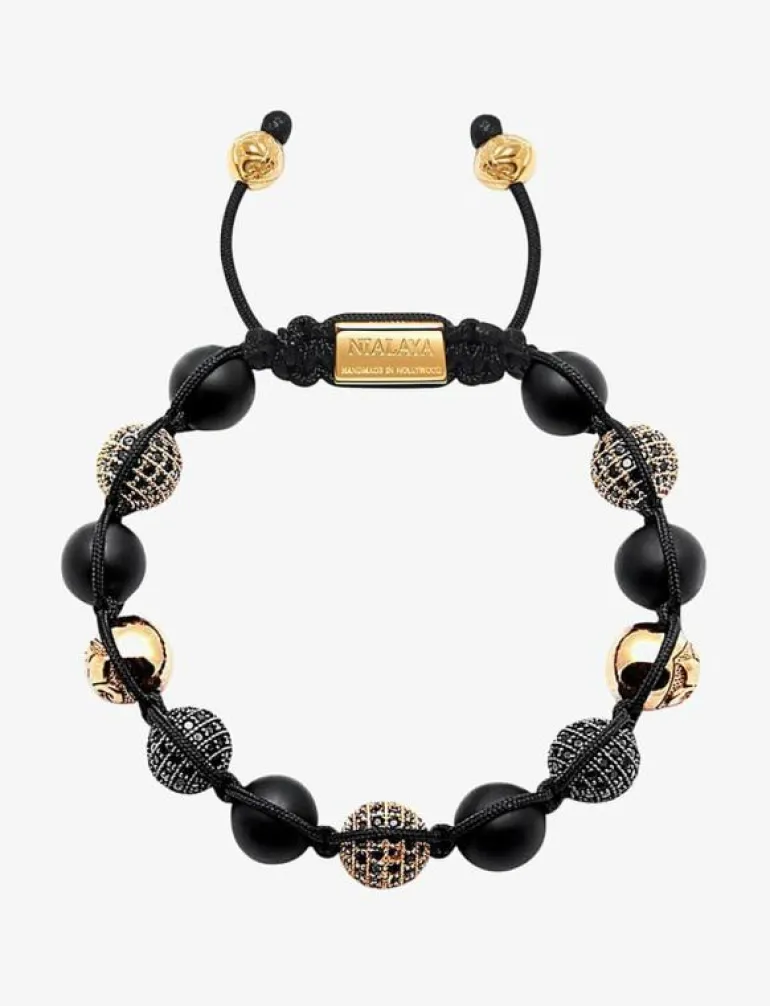 Men's Beaded Bracelet with Matte Onyx and Black/Gold CZ Diam - Armband