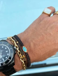 Men's Black String Bracelet with Gold Evil Eye - Armband