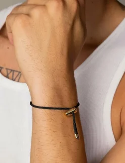 Men's Black String Bracelet with Adjustable Gold Lock - Armband