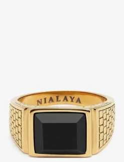 Men's Golden Brick Signet Ring with Agate - Ringar