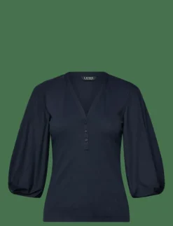 Rib-Knit Balloon-Sleeve Henley Top - T-shirts