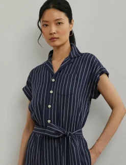 Striped Belted Twill Wide-Leg Jumpsuit - Jumpsuits